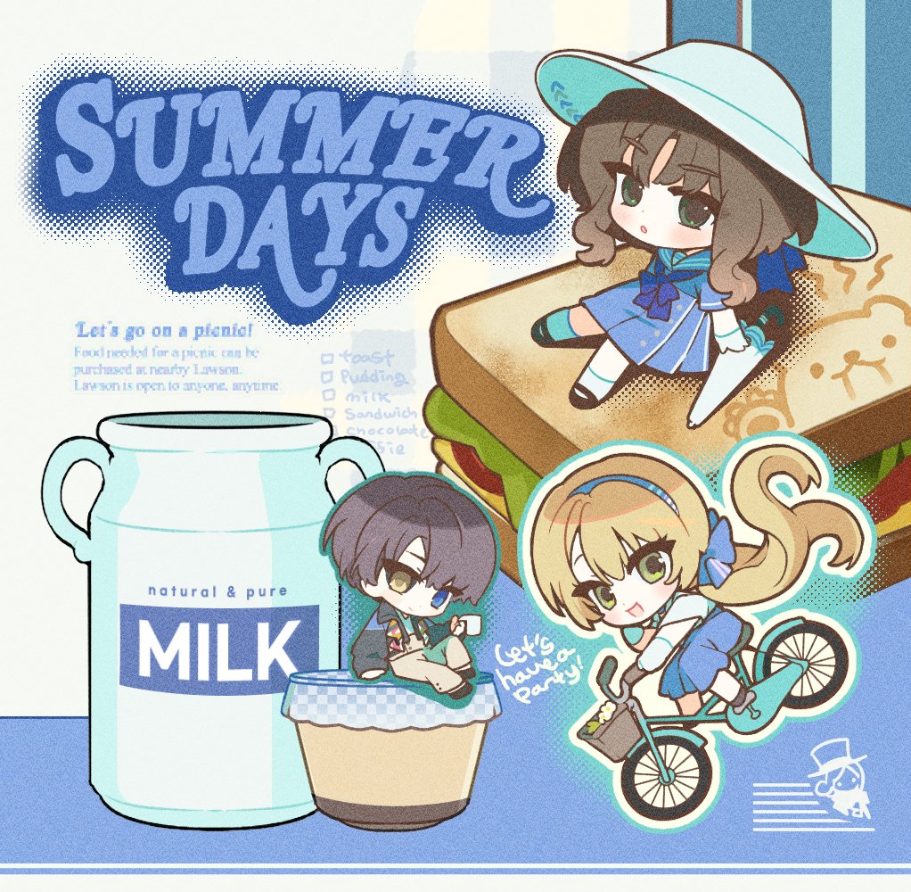 1boy, 24heeju, 2girls, :d, :o, bicycle, bicycle_basket, black_footwear