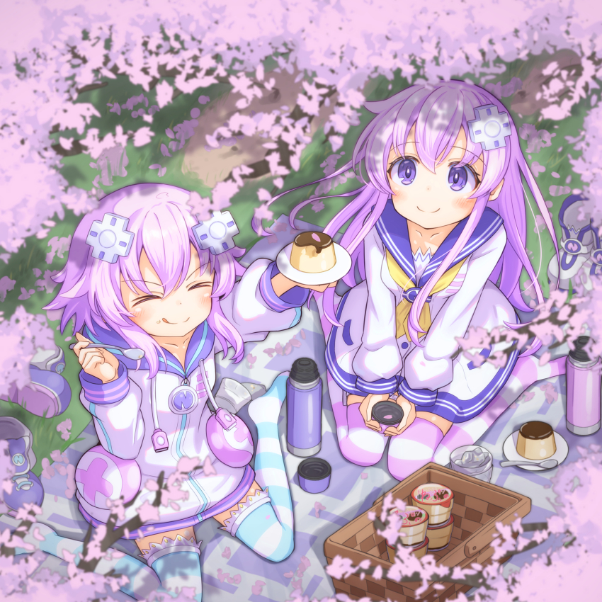 >_<, 2girls, :q, absurdres, arm_up, bottle, cherry_blossoms, collarbone, commentary_request, cup, d-pad, d-pad_hair_ornament, dress, food, hair_ornament, hanami, highres, holding, holding_cup, holding_plate, holding_spoon, hood, hooded_jacket, hooded_track_jacket, jacket, light_blush, long_hair, multiple_girls, neckerchief, nepgear, neptune_(neptunia), neptune_(series), outdoors, picnic, picnic_basket, plate, pudding, purple_eyes, purple_hair, sailor_dress, shionic_zm, shoes, short_hair, siblings, sisters, sitting, smile, spoon, striped_clothes, striped_thighhighs, thighhighs, tongue, tongue_out, track_jacket, unworn_shoes, v_arms, wariza, water_bottle, yellow_neckerchief