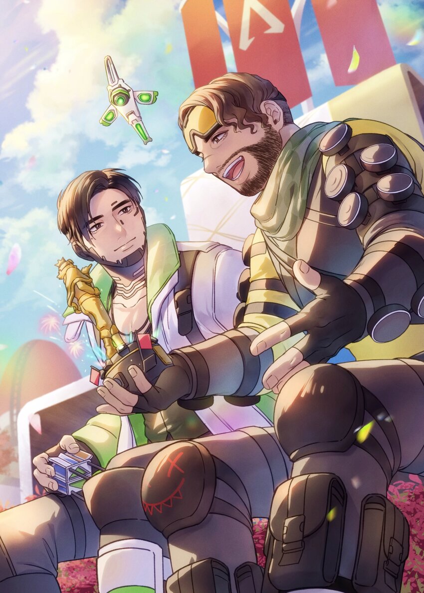 2boys, absurdres, animification, apex_legends, black_gloves, black_hair, black_pants, black_vest