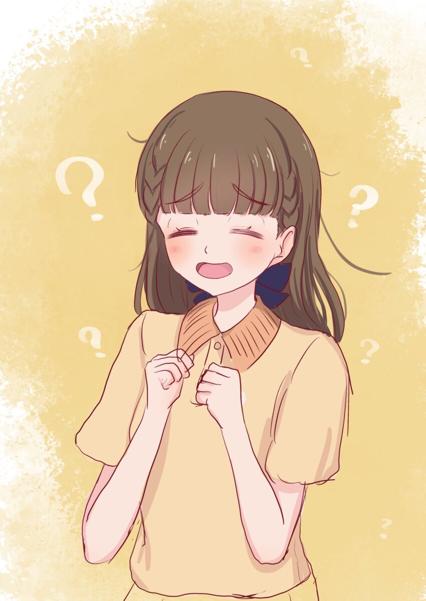 1girl, =_=, ?, black_ribbon, blunt_bangs, blush, braid, brown_hair