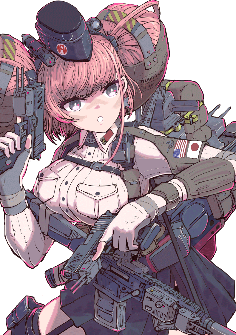 1girl, ammunition_pouch, anti-aircraft, anti-aircraft_gun, assault_rifle, atlanta_(kancolle), blush, boushi-ya, breasts, brown_hair, earrings, flag_of_the_united_states_navy, garrison_cap, gloves, grey_eyes, gun, hair_ornament, handgun, hat, holding, holding_gun, holding_weapon, holster, japanese_flag, jewelry, kantai_collection, large_breasts, long_hair, long_sleeves, m4_carbine, pouch, radar, rifle, rigging, shirt, simple_background, skirt, solo, star_(symbol), star_earrings, suspenders, two_side_up, weapon, white_shirt