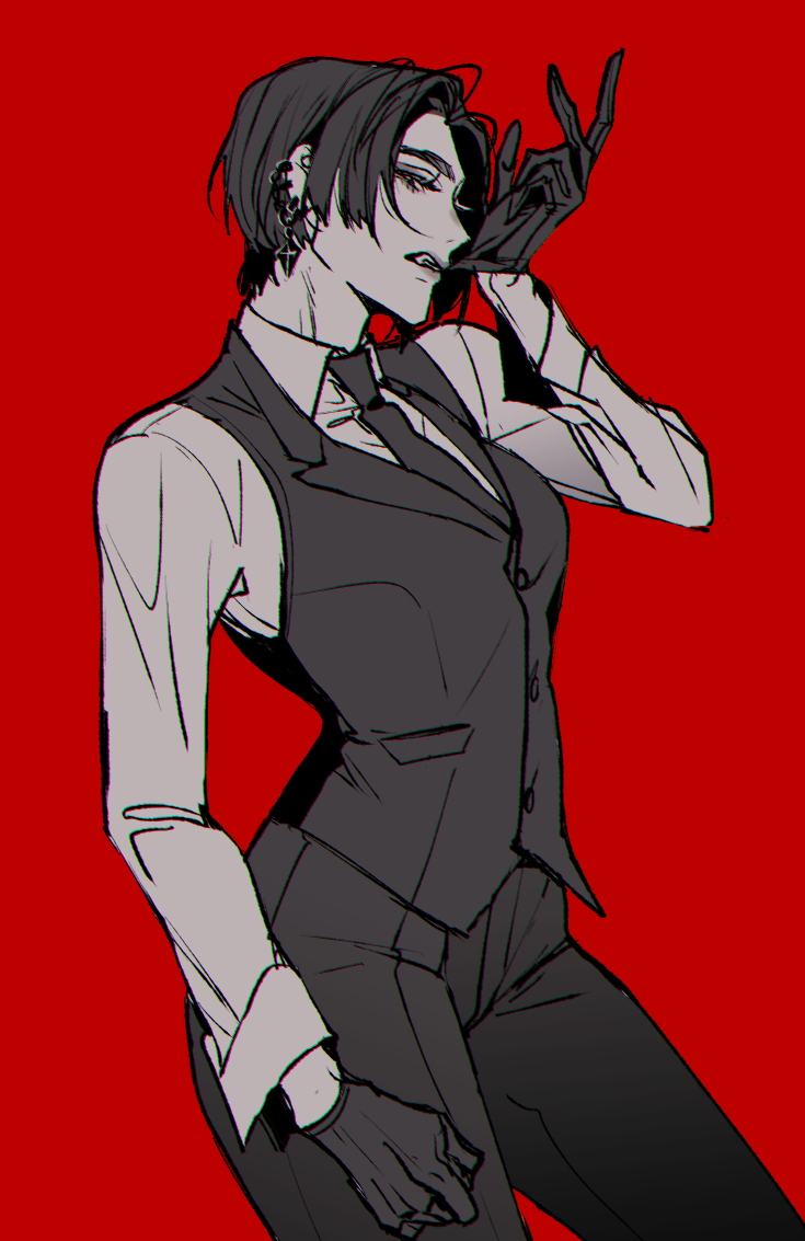 1girl, alternate_costume, androgynous, black_eyes, black_gloves, black_hair, black_necktie, black_pants