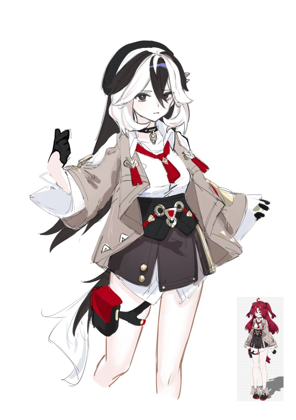 1girl, beret, black_eyes, black_gloves, black_hair, black_hat, black_skirt, breasts, brown_jacket, collarbone, commentary_request, coralie_6626_planck, coralie_6626_planck_(valkyrie_blastmetal), cropped_legs, gloves, hair_between_eyes, half_gloves, hat, highres, honkai_(series), honkai_impact_3rd, jacket, long_sleeves, multicolored_hair, open_clothes, open_jacket, red_hair, shirt, sho_2nini, simple_background, skirt, sleeves_past_fingers, sleeves_past_wrists, small_breasts, two-tone_hair, two_side_up, white_background, white_hair, white_shirt, wide_sleeves