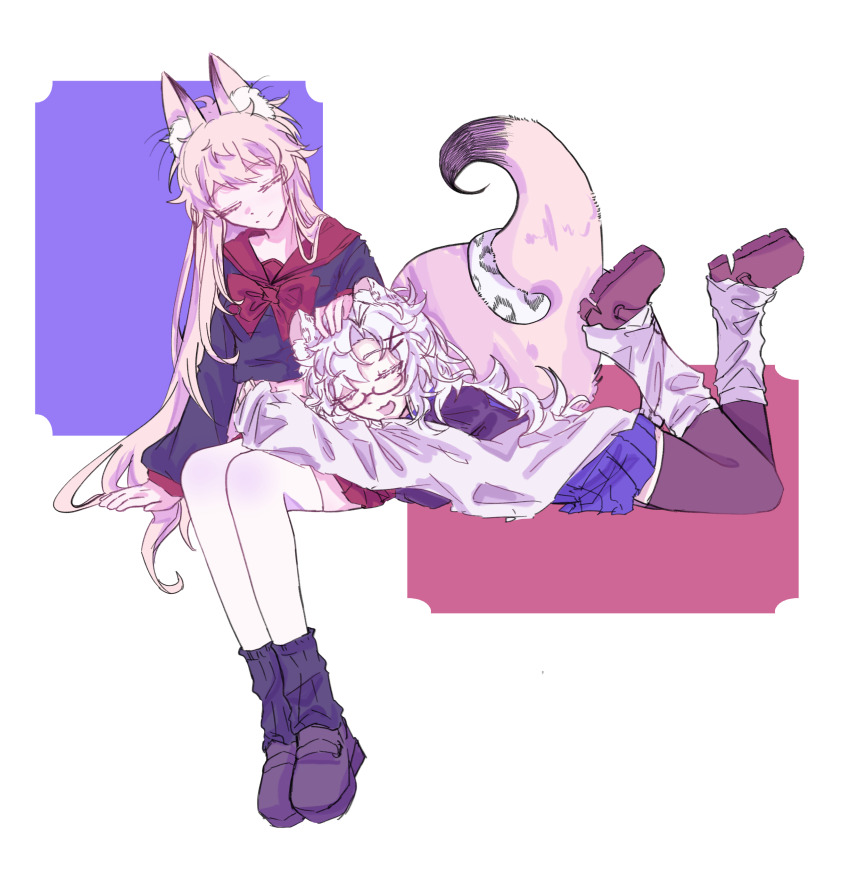 2girls, :3, absurdres, animal_ears, atou_haruki, black_leg_warmers, black_shirt, blonde_hair, blue_skirt, breasts, brown_shoes, chinese_commentary, closed_eyes, closed_mouth, commentary_request, emilydel828, fox_ears, fox_girl, fox_tail, genderswap, genderswap_(mtf), glasses, hair_ornament, hairclip, highres, kanou_aogu, kemonomimi_mode, leg_warmers, long_hair, long_sleeves, miniskirt, multiple_girls, neck_ribbon, open_mouth, pleated_skirt, red_ribbon, red_skirt, ribbon, round_eyewear, saibou_shinkyoku, school_uniform, semi-rimless_eyewear, serafuku, shirt, shoes, skirt, small_breasts, smile, snow_leopard_ears, snow_leopard_girl, tail, thighhighs, white_hair, white_leg_warmers, white_thighhighs, x_hair_ornament