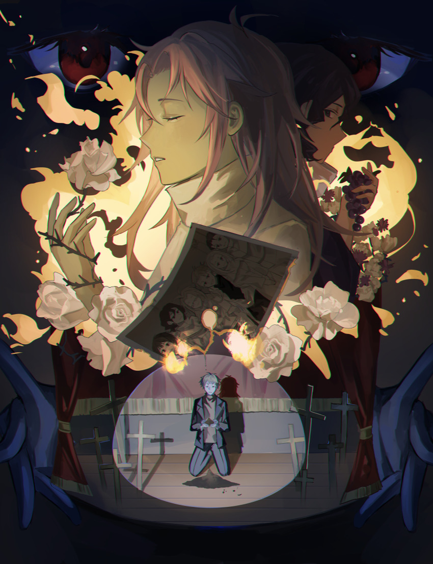 2girls, 5boys, absurdres, ashes, atou_haruki, black_eyes, black_hair, black_jacket