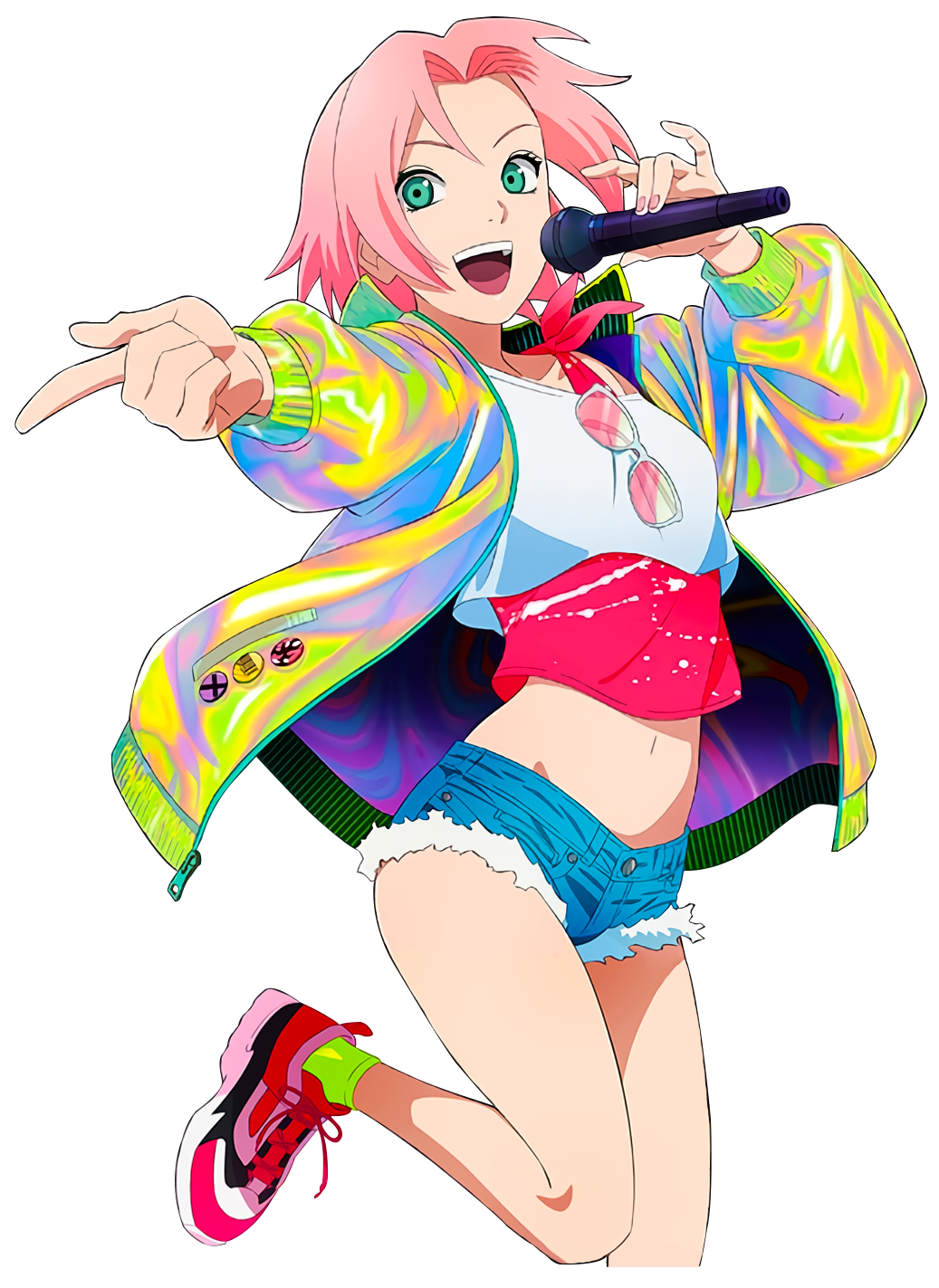 1girl, breasts, denim, denim_shorts, green_eyes, haruno_sakura, highres, leg_up