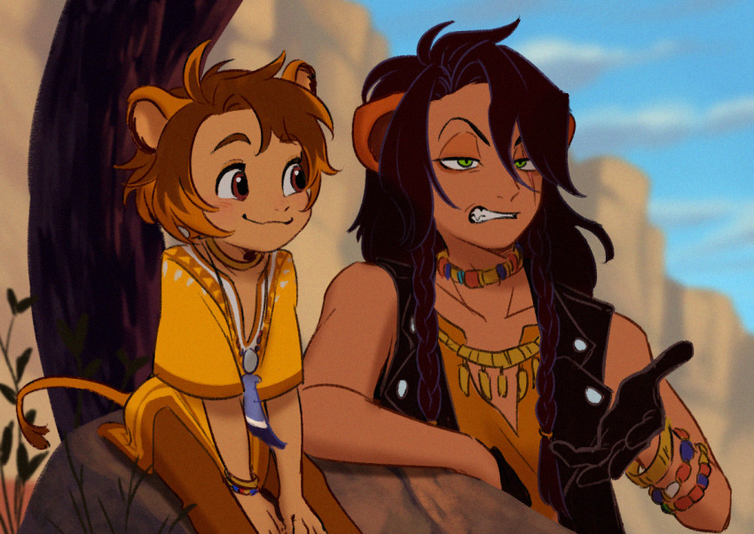 2boys, animal_ears, black_gloves, black_pants, black_shirt, bracelet, brown_eyes, brown_hair, brown_shirt, cheka_kingscholar, child, collarbone, gloves, green_eyes, grimace, jewelry, leona_kingscholar, lion_boy, lion_ears, male_focus, multiple_boys, on_rock, orange_shirt, pants, rock, scar, scar_across_eye, scar_on_face, shirt, short_hair, sitting, smile, twisted_wonderland, ukata, uncle_and_nephew, yellow_shirt