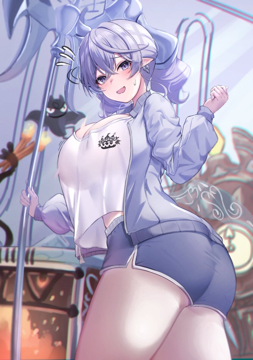 1girl, alternate_costume, axe, breasts, demon_girl, demon_horns, demon_wings, duel_monster, grey_eyes, grey_hair, hand_up, highres, holding, holding_axe, horns, jacket, labrynth_cooclock, labrynth_stovie_torbie, large_breasts, lovely_labrynth_of_the_silver_castle, low_wings, neko_punch_(user_hddm3373), open_clothes, open_jacket, pointy_ears, purple_eyes, shirt, solo, track_jacket, twintails, white_horns, white_shirt, wings, yu-gi-oh!