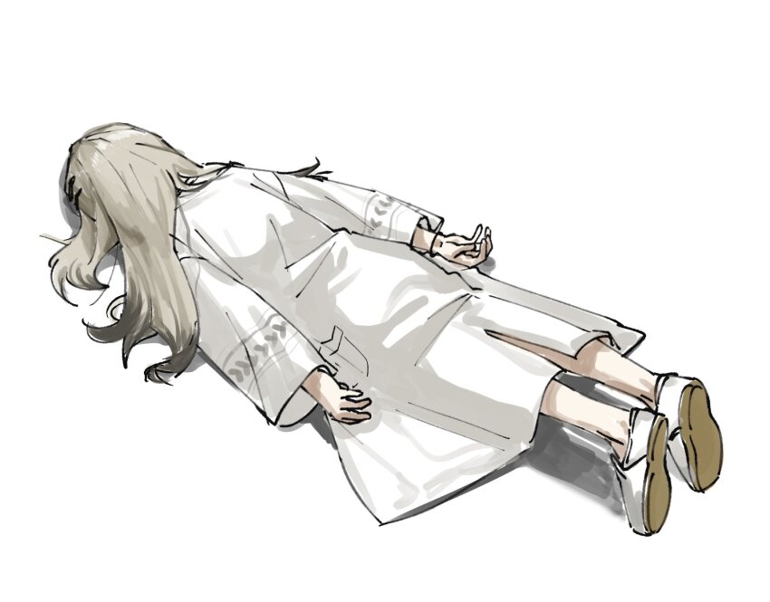1girl, bikbuk14, face_down, gakuen_idolmaster, grey_hair, highres, idolmaster, long_hair, long_sleeves, lying, on_stomach, robe, shinosawa_hiro, shoes, simple_background, solo, uwabaki, white_background, white_robe