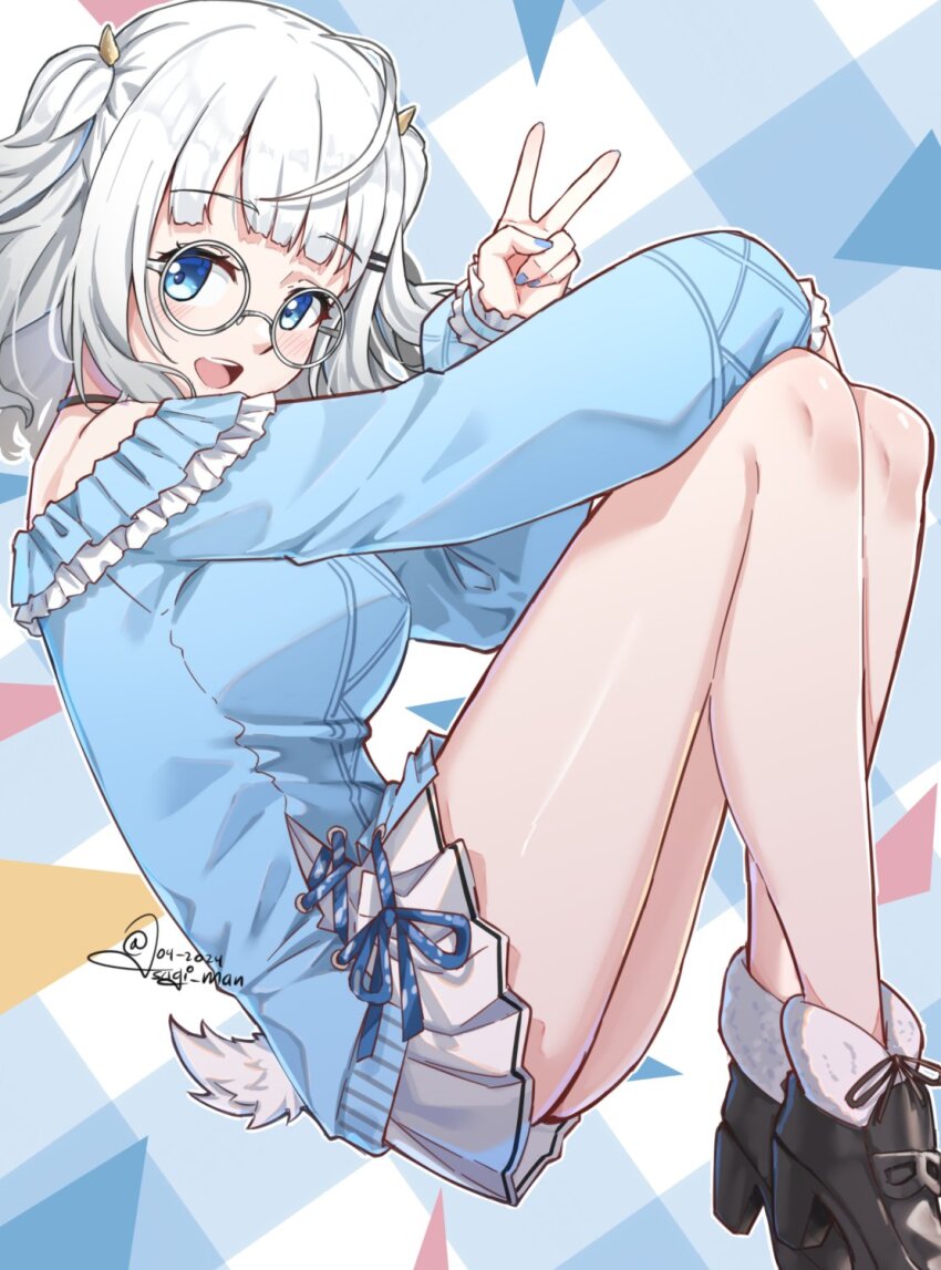 1girl, :d, alia_adelia, argyle_background, bare_shoulders, blue_eyes, blue_shirt, blush