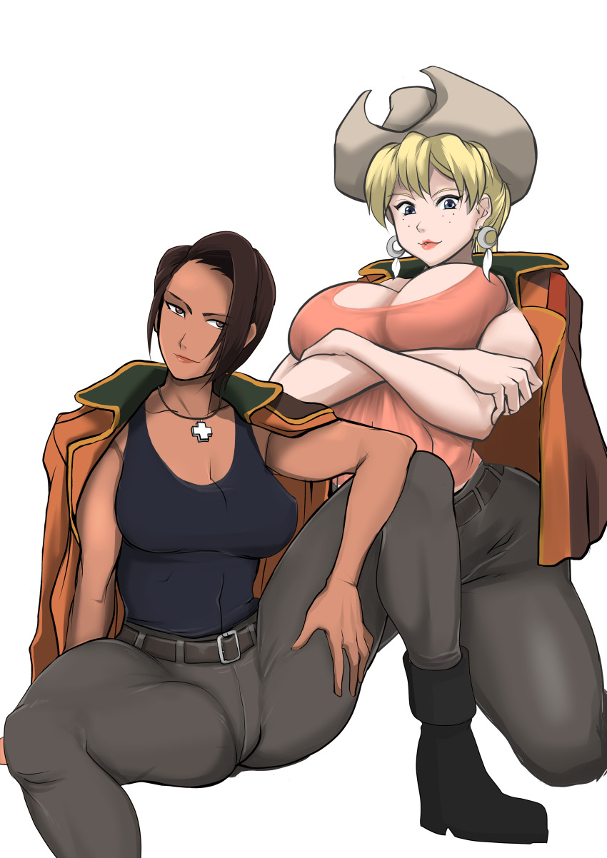 2girls, absurdres, belt, breast_lift, breasts, brown_eyes, brown_hair, cathy_mcmahon, cleavage, cowboy_hat, crescent, crescent_earrings, cross, cross_necklace, crossed_arms, dark-skinned_female, dark_skin, earrings, elvy_hadhiyat, freckles, grey_pants, hat, highres, jacket, jacket_on_shoulders, jewelry, knee_up, kneeling, large_breasts, lipstick, looking_at_viewer, makeup, medium_breasts, multiple_girls, necklace, pants, rahxephon, soyuz001, white_background