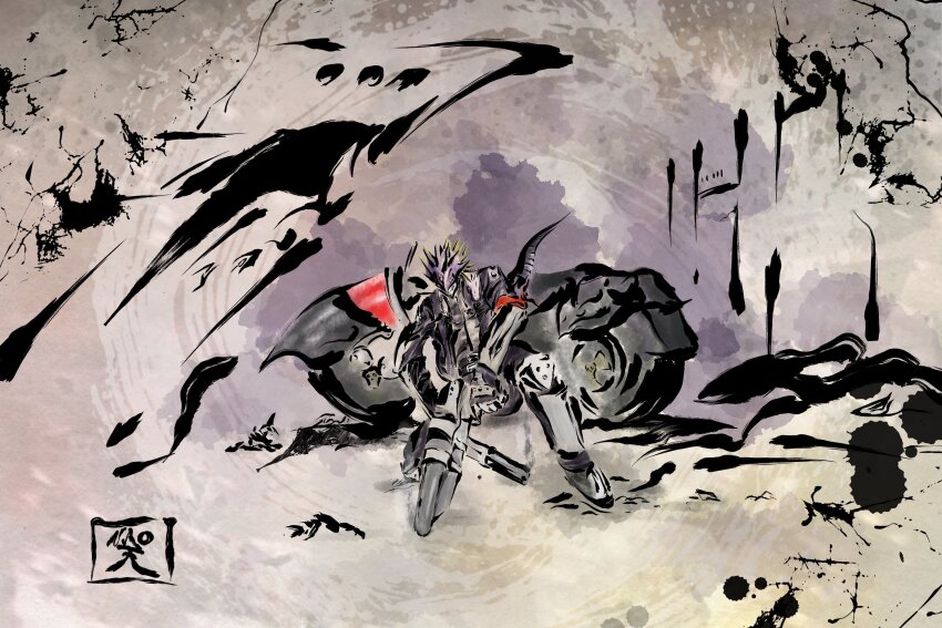 1boy, bandana, bandana_around_arm, beelzebumon, behemoth_(digimon), black_jacket, black_pants, black_shirt