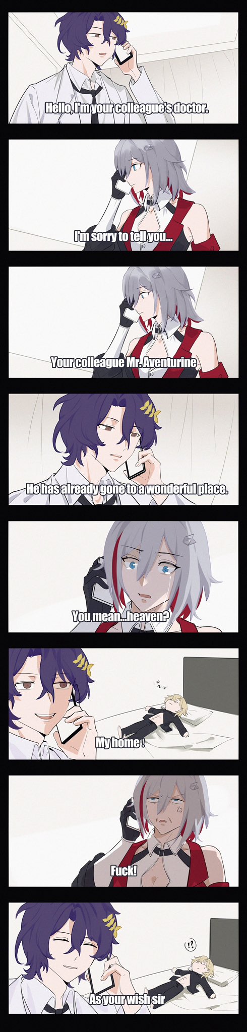 1girl, 2boys, abs, aventurine_(anan)_(honkai:_star_rail), aventurine_(honkai:_star_rail), bed, black_necktie, black_pants, blue_hair, brown_eyes, cellphone, coat, collared_shirt, crying, dr._ratio_(honkai:_star_rail), grey_hair, highres, honkai:_star_rail, honkai_(series), impact_(font), indoors, long_image, lying, multicolored_hair, multiple_boys, necktie, on_back, pajamas, pants, phone, pillow, profanity, sheunsnzh, shirt, short_hair, sleeping, smartphone, streaked_hair, talking_on_phone, tall_image, tears, topaz_(honkai:_star_rail), white_coat, white_shirt, yaoi, zzz