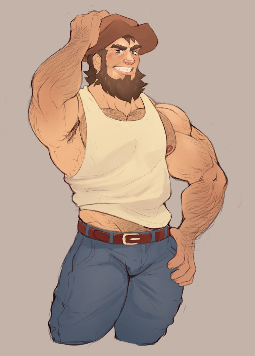 1boy, armpit_hair, bara, beard, blush, cowboy_hat, cropped_legs, denim