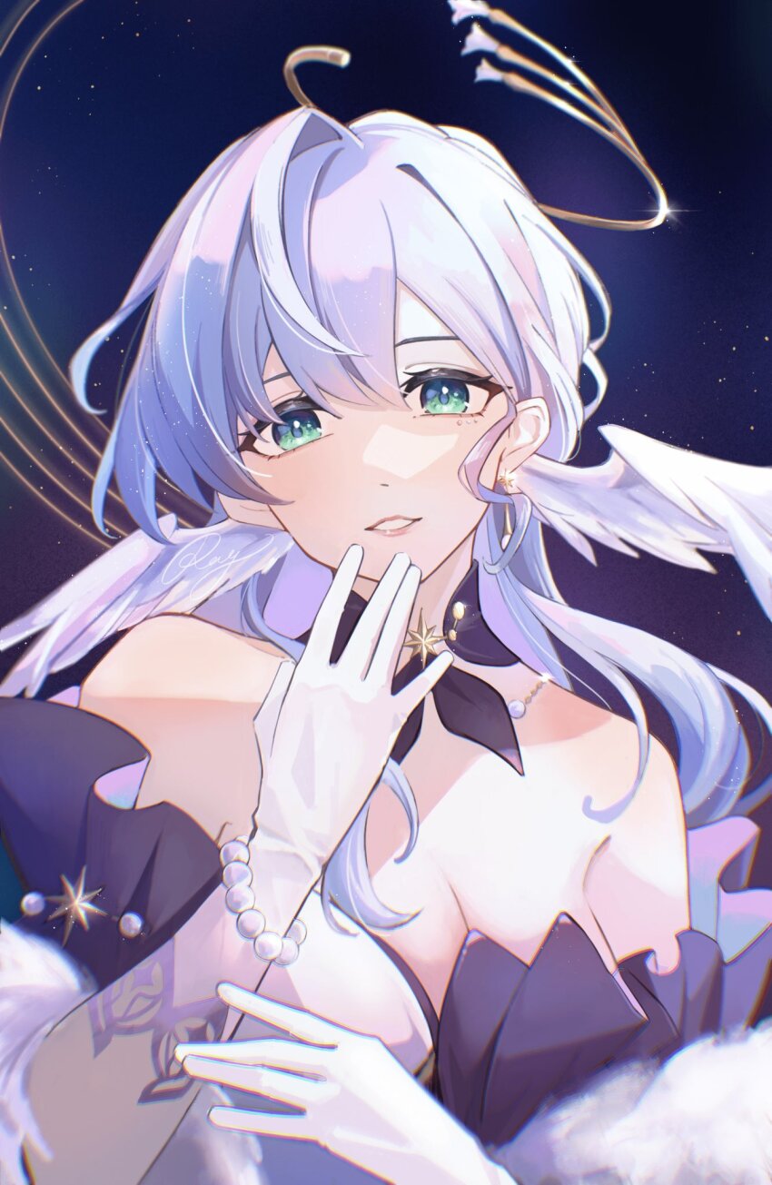 1girl, aqua_eyes, bare_shoulders, basilian_31, bead_bracelet, beads, bracelet, breasts