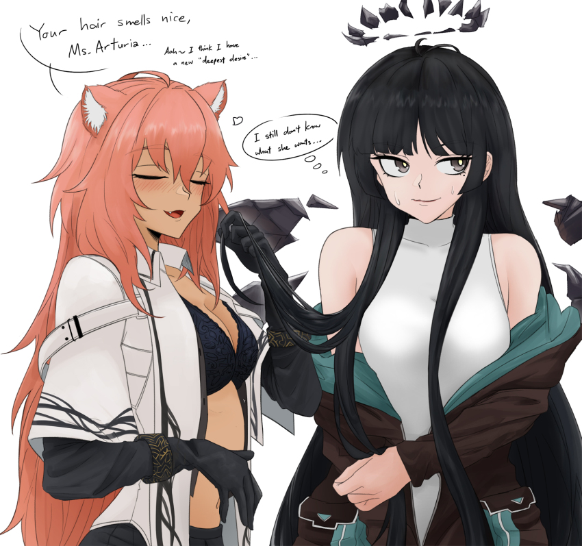 2girls, ahoge, animal_ear_fluff, animal_ears, antenna_hair, arknights, averting_eyes, bare_shoulders, black_bra, black_gloves, black_hair, black_halo, black_skirt, black_wings, blunt_bangs, blush, bra, breasts, broken_halo, brown_jacket, closed_eyes, closed_mouth, clothes_down, collarbone, collared_jacket, commentary, cosplay, dark_halo, dark_skin, detached_wings, dokonjou_(odossan), energy_wings, english_commentary, english_text, eyelashes, facing_another, facing_viewer, fang, from_side, gloves, gravel_(arknights), gravel_(arknights)_(cosplay), grey_eyes, hair_between_eyes, halo, hand_up, happy, heart, heattech_leotard, high_collar, highres, hime_cut, holding_another's_hair, jacket, layered_sleeves, leotard, lips, lipstick, long_hair, long_sleeves, makeup, medium_breasts, mole, mole_under_eye, multiple_girls, navel, nervous, open_clothes, open_jacket, open_mouth, pale_skin, pink_hair, pleated_skirt, red_lips, short-sleeved_jacket, short_over_long_sleeves, short_sleeves, sidelocks, simple_background, skin_tight, skirt, smile, speech_bubble, standing, stomach, straight_hair, strap, sweat, thought_bubble, tongue, turtleneck, two-sided_fabric, two-sided_jacket, underwear, upper_body, very_long_hair, virtuosa_(arknights), virtuosa_(arknights)_(cosplay), white_background, white_jacket, white_leotard, wide_sleeves, wing_collar, wings, yellow_pupils