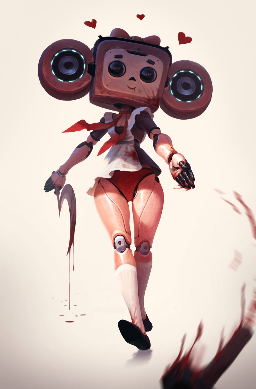 1girl, alexander_terentyev, android, apron, blood, blood_on_clothes, bow, cheburashka, disembodied_hand, full_body, gena_the_crocodile_and_his_friends, hair_bow, heart, highres, holding, holding_sickle, joints, mask, neckerchief, original, panties, red_bow, red_neckerchief, red_panties, robot_joints, sickle, simple_background, socks, solo, underwear, white_apron, white_background, white_socks