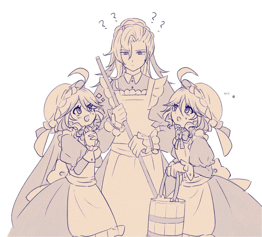 2girls, ahoge, amaniama, antennae, apron, blush, broom, bucket