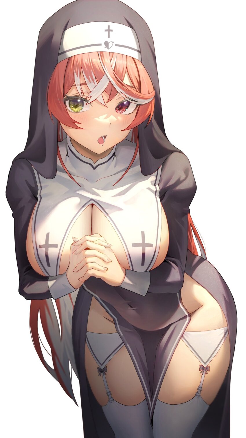 1girl, :o, alternate_costume, single_breast_curtain, breasts, commentary, covered_navel, crossed_bangs, garter_straps, groin, habit, heterochromia, highres, hololive, houshou_marine, houshou_marine_(nun), kobayashi_(jna_x_rgh), large_breasts, leaning_forward, long_hair, multicolored_hair, no_bra, no_panties, nun, open_mouth, own_hands_together, pelvic_curtain, red_eyes, red_hair, simple_background, solo, streaked_hair, thighhighs, thighs, two-tone_hair, very_long_hair, virtual_youtuber, white_background, white_hair, white_thighhighs, yellow_eyes