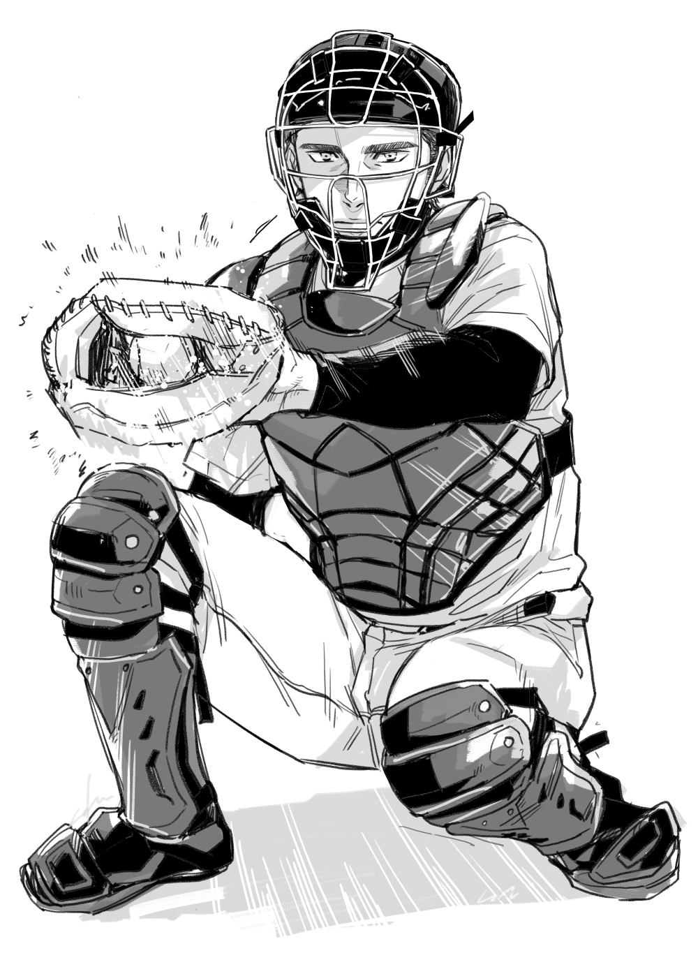 1boy, ace_of_diamond, ball, baseball, baseball_(object), baseball_glove, baseball_uniform, catcher_(baseball), egg_(cknlun), greyscale, highres, male_focus, monochrome, simple_background, sportswear, squatting, takigawa_chris_yuu