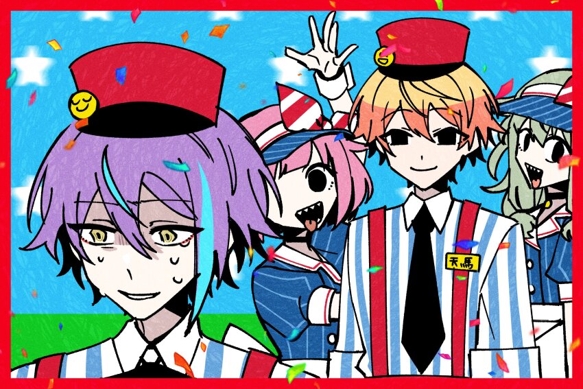 2boys, 2girls, black_eyes, black_mouth, black_necktie, blue_hair, border, bow, confetti, hair_bow, hat, highres, kamishiro_rui, kusanagi_nene, lengling, mesmerizer_(vocaloid), multicolored_hair, multiple_boys, multiple_girls, necktie, ootori_emu, open_mouth, pink_hat, project_sekai, purple_hair, red_border, smile, streaked_hair, striped_bow, suspenders, tenma_tsukasa, visor_cap, wonderlands_x_showtime_(project_sekai)