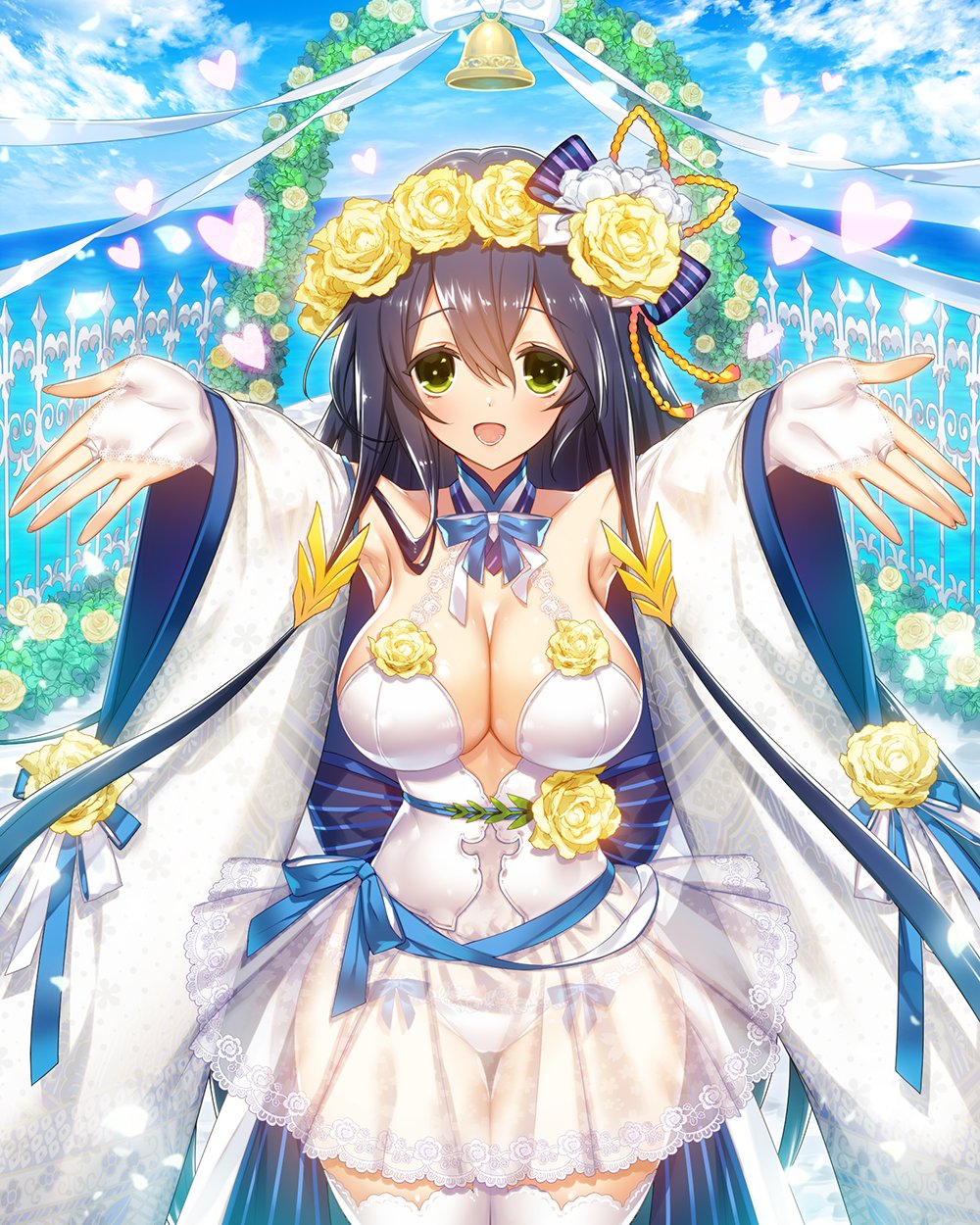 1girl, \||/, bell, black_hair, commission, date_shigezane_(sengoku_bushouki_muramasa), flower, flower_ornament