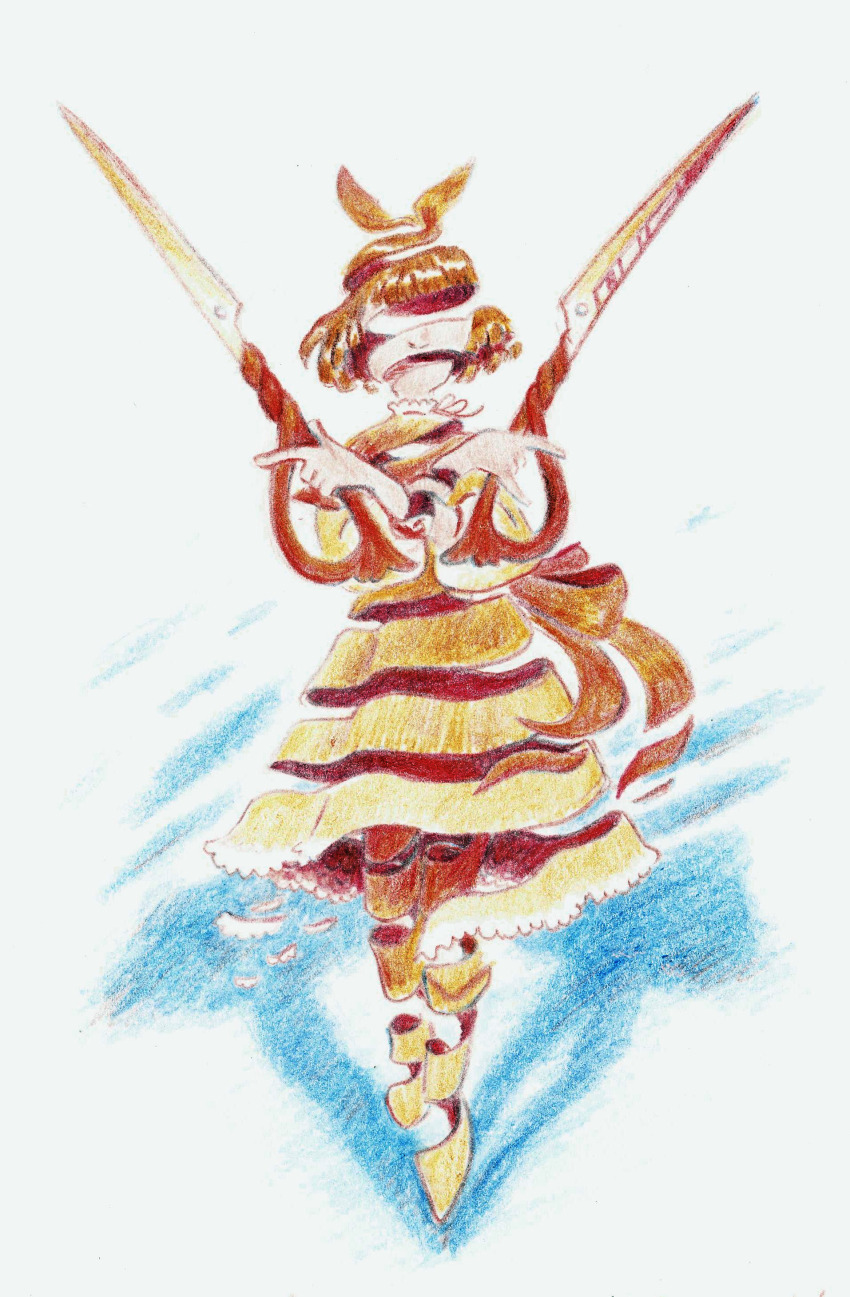 1girl, absurdres, bow, brown_dress, brown_hair, brown_ribbon, cassidy_tailor, dress, dual_wielding, flash_cut, frankenfossil, gradient_clothes, gradient_dress, hair_bow, highres, holding, ribbon, scissors, short_hair, sleepless_domain, solo, standing, traditional_media, yellow_dress