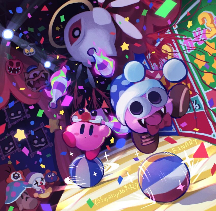 angry_scarfy, ball, beachball, blue_eyes, blush_stickers, bow, bowtie, cackling_painting, circus_kirby, clown, confetti, copy_ability, crazy_smile, dark_background, dark_persona, empty_eyes, fangs, gooey_(kirby), halo, hat, horror_(theme), jester_cap, juggling, kirby, kirby_(series), kirby_super_star, light, marx_(kirby), marx_(true_form)_(kirby), mister_anglep, nintendo, no_humans, one-eyed, open_mouth, perot, poison_mash, propeller_(kirby), purple_eyes, red_bow, red_bowtie, red_eyes, scarfy, smile, stage, stage_lights, suyasuyabi, tongue, tongue_out, waddle_doo, wings, zero_two_(kirby)