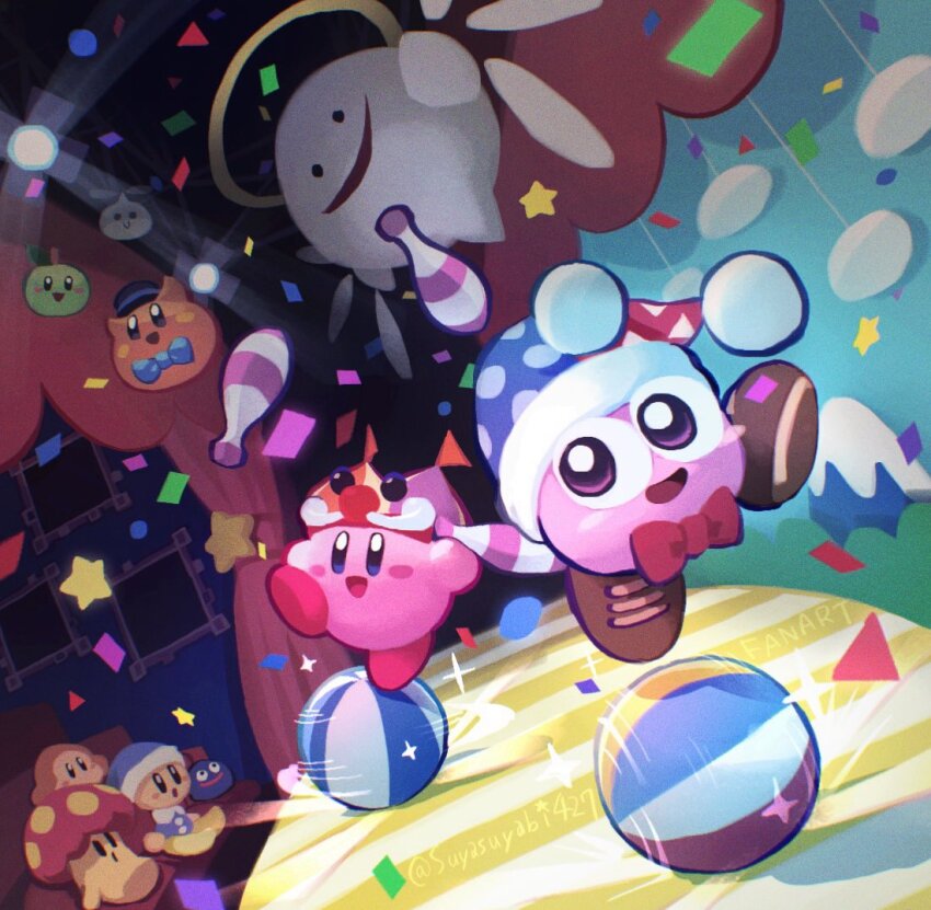ball, beachball, blue_bow, blue_bowtie, blue_eyes, blush_stickers, bow, bowtie, cappy_(kirby), circus_kirby, clown, confetti, copy_ability, dark_background, gooey_(kirby), halo, hat, jester_cap, juggling, kirby, kirby_(series), light, marx_(kirby), mister_anglep, nintendo, no_humans, open_mouth, poppy_bros_jr, propeller_(kirby), purple_eyes, red_bow, red_bowtie, scarfy, smile, stage, stage_lights, suyasuyabi, waddle_dee, wings, zero_two_(kirby)