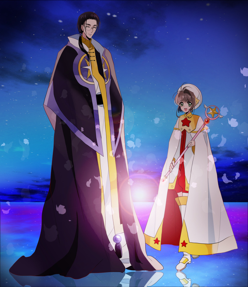 1boy, 1girl, :d, absurdres, antenna_hair, backlighting, beret, black_cloak