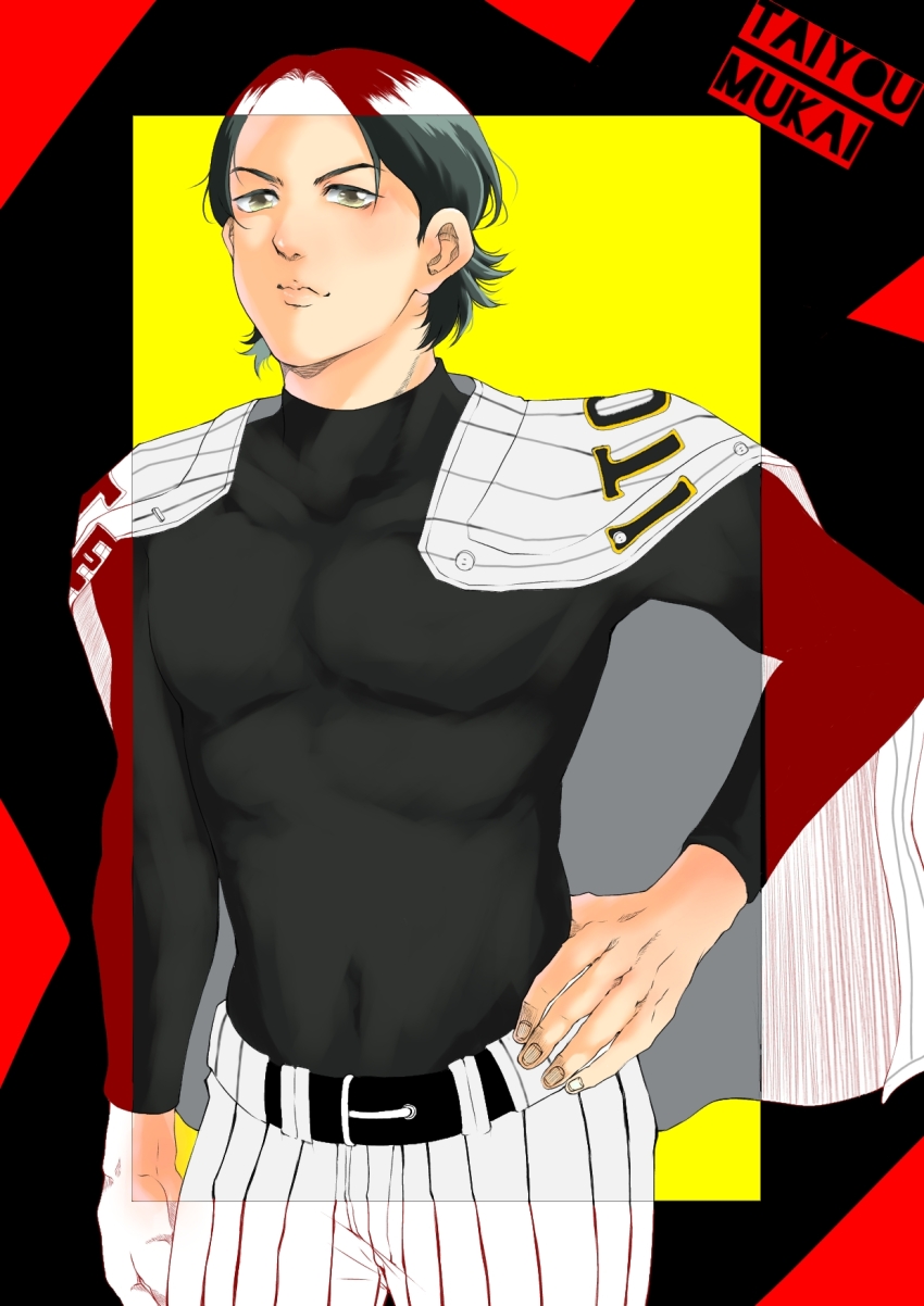 1boy, ace_of_diamond, baseball_uniform, belt, black_hair, black_shirt, character_name, hand_on_own_hip, highres, looking_at_viewer, male_focus, meat_mint, mukai_taiyou, shirt, shirt_on_shoulders, solo, sportswear, standing, toned