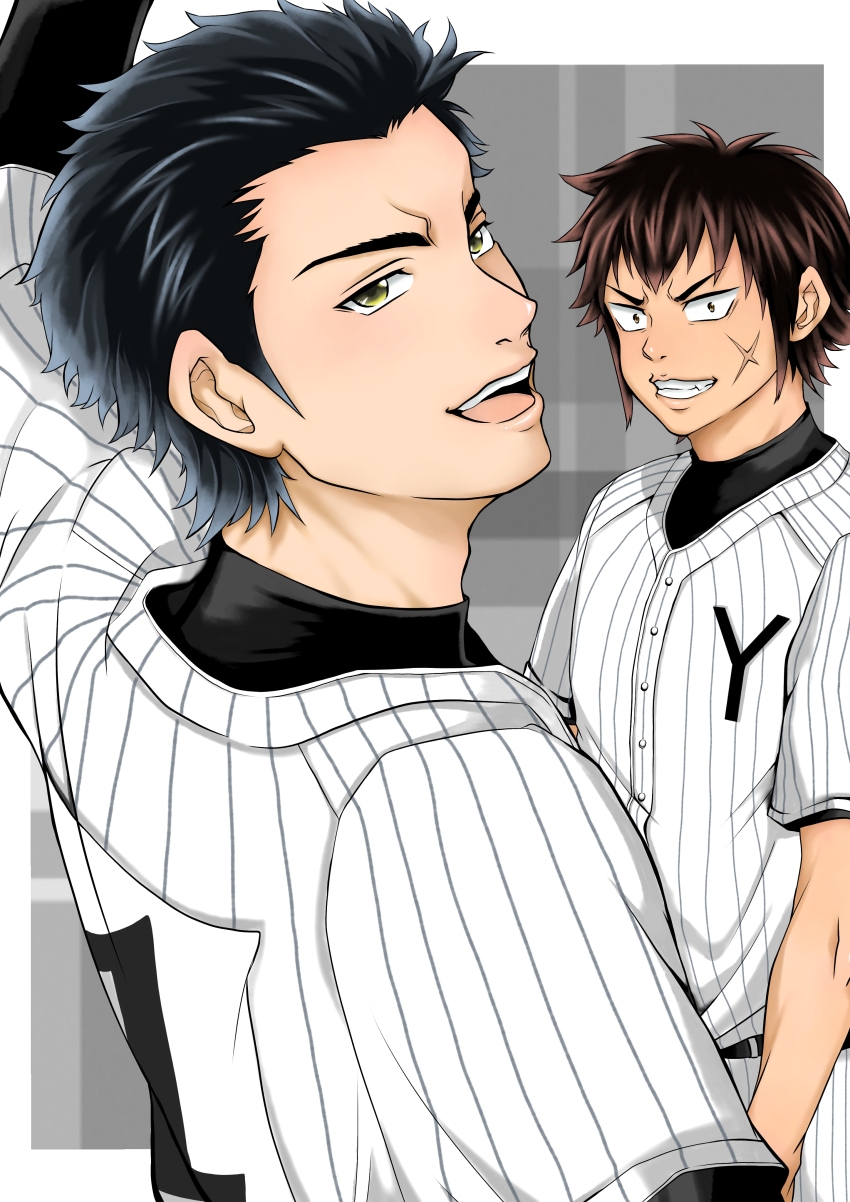 2boys, :d, absurdres, ace_of_diamond, arm_up, baseball_uniform, black_hair, brown_hair, clenched_teeth, facial_scar, grey_background, highres, male_focus, meat_mint, multiple_boys, open_mouth, sanada_shunpei, scar, scar_on_cheek, scar_on_face, shirt, smile, sportswear, standing, teeth, todoroki_raichi, white_shirt