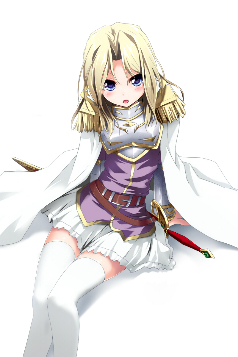 1girl, armor, blonde_hair, blue_eyes, blush, cape, enshou_(sangoku_hime), enshou_(sankyoku_hime), epaulettes, female_focus, from_above, grune, highres, open_mouth, sangoku_hime, sheath, sheathed, simple_background, sitting, skirt, solo, thighhighs, white_thighhighs, yuan_shao, zettai_ryouiki