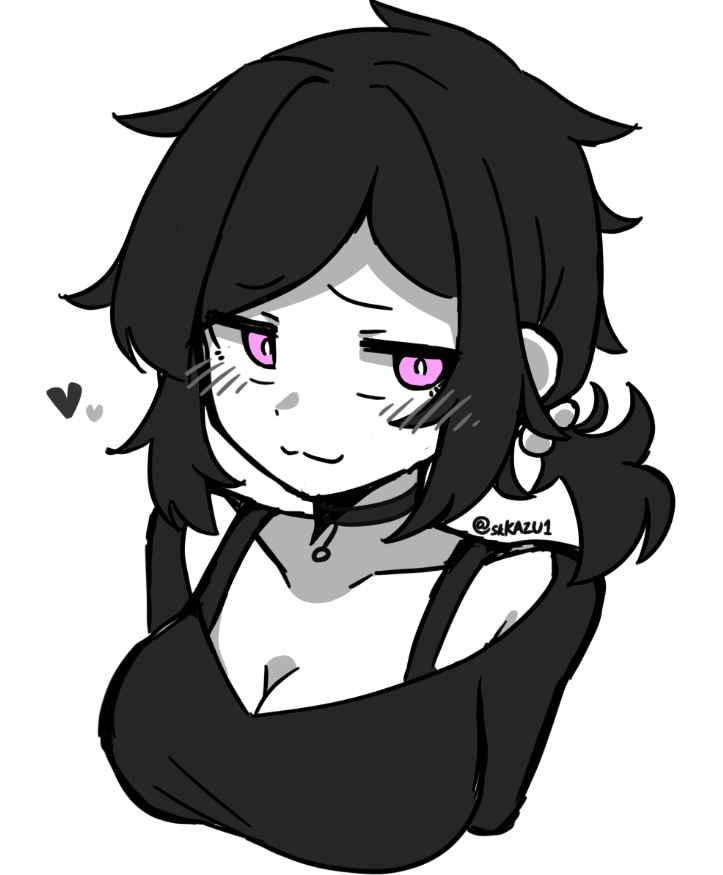 1girl, :3, ashley_graves, black_choker, black_hair, choker, purple_hair, skkazu1, solo, the_coffin_of_andy_and_leyley, white_background