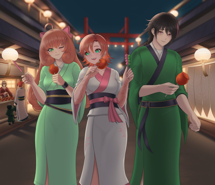 1boy, 2girls, :d, absurdres, ahoge, alavastircloud, black_hair, black_kimono, black_sash, bow, breasts, candy_apple, check_food, closed_mouth, commentary, cowboy_shot, eating, english_commentary, floral_print, food, food_request, food_stand, green_eyes, green_kimono, hair_between_eyes, highres, holding, holding_food, japanese_clothes, kimono, lantern, lichtenberg_figure, lie_ren, long_hair, looking_at_another, medium_breasts, medium_hair, multicolored_hair, multicolored_kimono, multiple_girls, night, nora_valkyrie, obi, one_eye_closed, open_mouth, orange_hair, outdoors, paper_lantern, penny_polendina, pink_bow, pink_eyes, pink_hair, pink_kimono, pink_sash, rwby, sash, scar, scar_on_arm, scar_on_chest, short_hair, sidelocks, smile, streaked_hair, tanghulu, three-quarter_sleeves, torii, two-tone_hair, walking, white_kimono, wide_sleeves, yukata