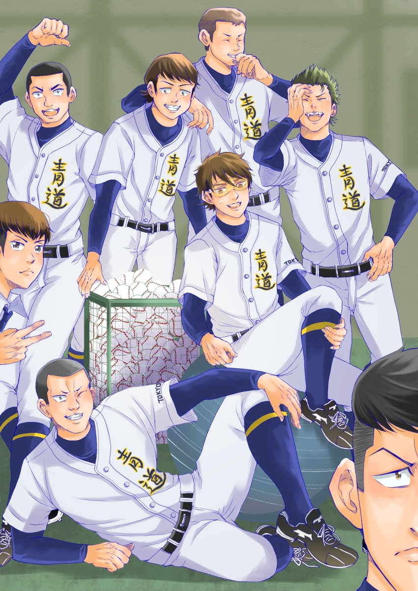 6+boys, :d, ace_of_diamond, arm_up, ball, baseball_(object), baseball_uniform, belt, black_footwear, black_hair, brown_hair, buzz_cut, closed_eyes, green_hair, grin, hand_up, highres, kawakami_norifumi, kuramochi_youichi, laughing, looking_at_viewer, maezono_kenta, male_focus, meat_mint, miyuki_kazuya, multiple_boys, one_eye_closed, open_mouth, pants, shirt, short_hair, sitting, smile, sportswear, v, very_short_hair, white_pants, white_shirt