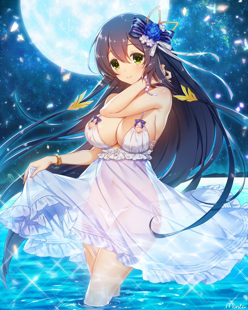 1girl, black_hair, breasts, cleavage, commission, date_shigezane_(sengoku_bushouki_muramasa), flower, flower_ornament, green_eyes, hair_ornament, large_breasts, lingerie, long_hair, moon, munlu_(wolupus), negligee, night, ocean, panties, see-through_clothes, sengoku_bushouki_muramasa, skeb_commission, sky, solo, underwear