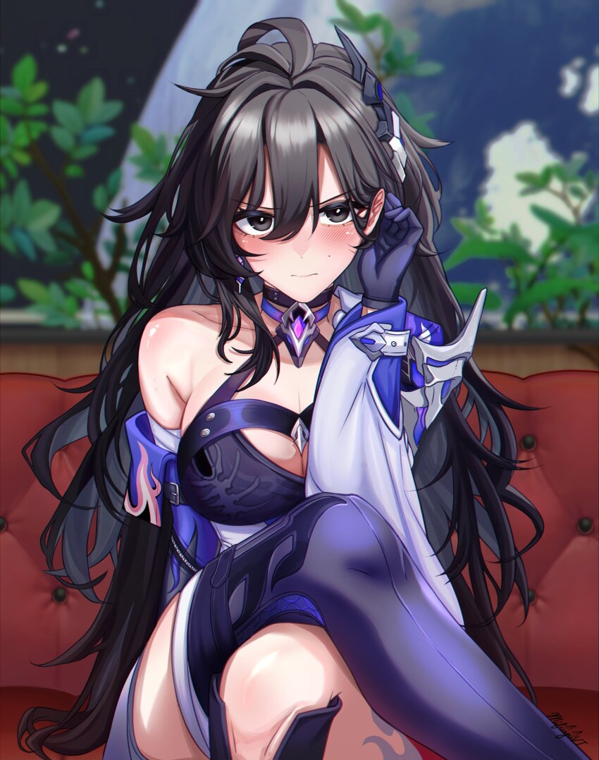 1girl, absurdres, acheron_(honkai:_star_rail), acheron_(honkai:_star_rail)_(cosplay), ahoge, armor, armpit_crease, astral_express_(honkai:_star_rail)