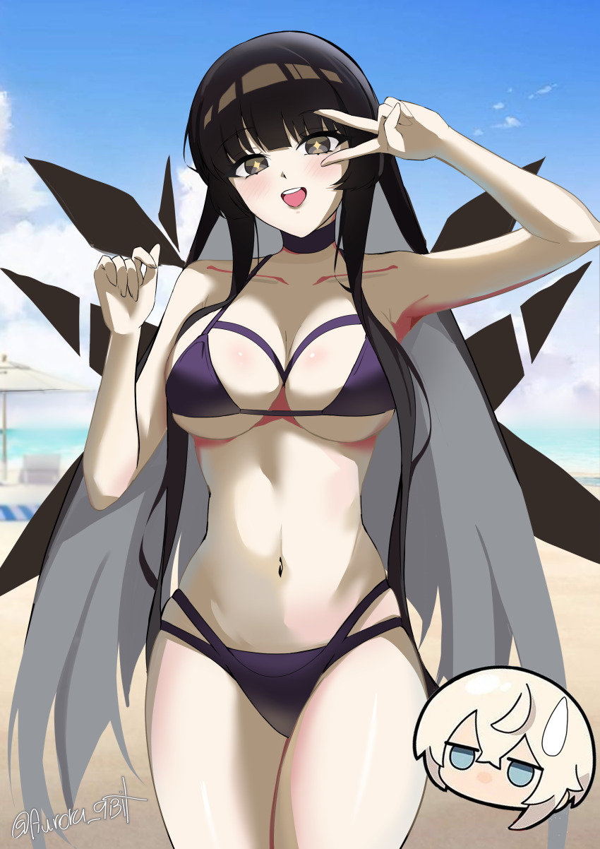 1boy, 1girl, 9bit, absurdres, arknights, arm_up, bare_arms, bare_shoulders, bikini, black_bikini, black_hair, blonde_hair, blue_eyes, blue_sky, breasts, bright_pupils, chibi, cloud, colored_inner_hair, commentary, cousins, cowboy_shot, day, executor_(arknights), grey_eyes, grey_hair, hand_up, highres, jitome, large_breasts, long_hair, multicolored_hair, navel, sky, standing, stomach, sweatdrop, swimsuit, thighs, v, v_over_eye, very_long_hair, virtuosa_(arknights)