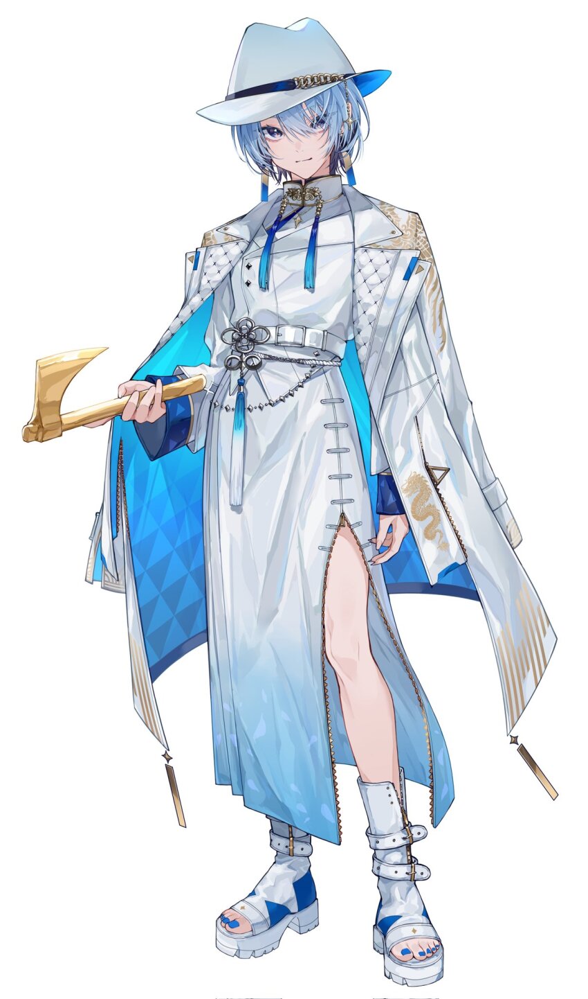 1girl, ankle_boots, axe, belt, blue_eyes, blue_hair, blue_nails, boots, coat, coat_on_shoulders, dragon_print, earrings, full_body, hair_over_one_eye, hat, highres, holding, holding_axe, hololive, hoshimachi_suisei, hoshimachi_suisei_(oriental_suit), jewelry, long_bangs, looking_at_viewer, mirai99, nail_polish, open-toe_boots, platform_boots, platform_footwear, short_hair, side_slit, solo, standing, tassel, toenails, toes, virtual_youtuber, white_boots, white_coat, white_hat, wide_brim, zipper