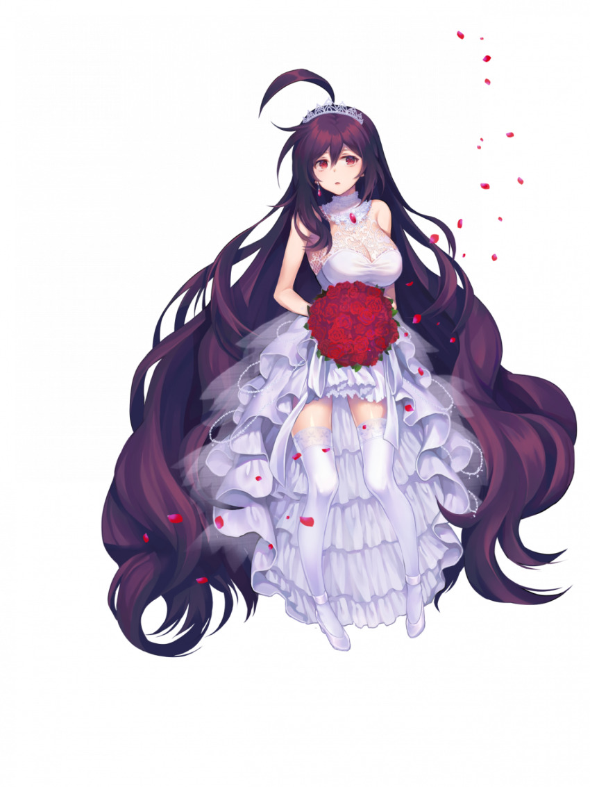 1girl, absurdly_long_hair, ahoge, amulet, beads, bouquet, breasts, cleavage, collar, detached_collar, dress, earrings, falling_petals, final_gear, flower, hair_between_eyes, high_heels, highres, holding, holding_bouquet, jewelry, lace, lace-trimmed_dress, lace_trim, large_breasts, layered_dress, long_hair, looking_to_the_side, open_mouth, petals, pn99_(final_gear), purple_hair, red_eyes, red_flower, red_petals, red_rose, rose, see-through_clothes, see-through_cleavage, see-through_thighhighs, sleeveless, solo, tachi-e, thighhighs, tiara, transparent_background, very_long_hair, wavy_hair, wedding_dress, white_collar, white_dress, white_footwear, white_thighhighs
