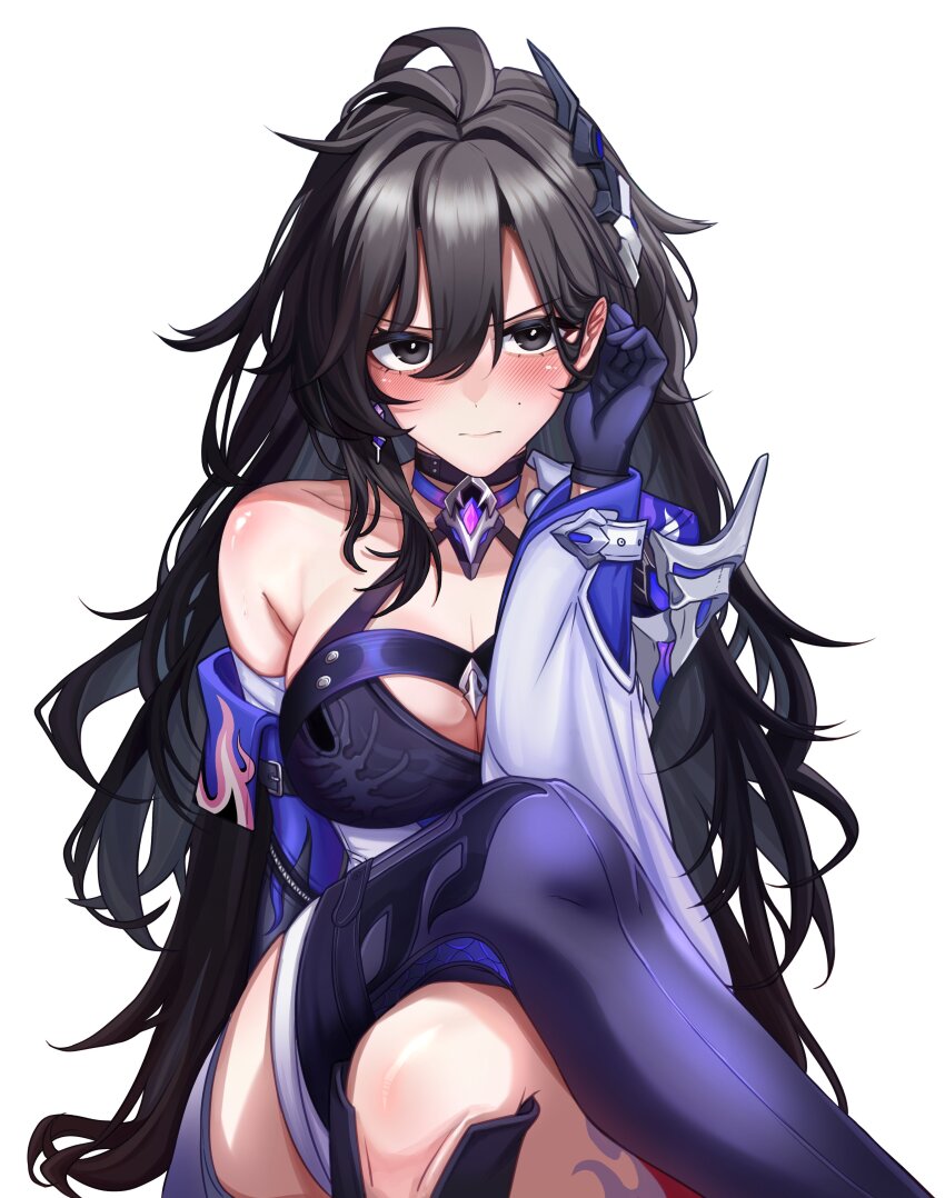 1girl, absurdres, acheron_(honkai:_star_rail), acheron_(honkai:_star_rail)_(cosplay), ahoge, armor, armpit_crease, asymmetrical_legwear