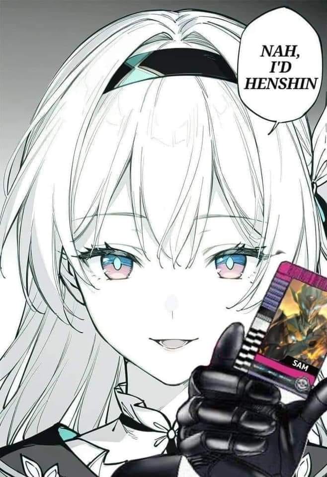 1girl, blue_eyes, bright_pupils, english_text, firefly_(honkai:_star_rail), greyscale, hair_between_eyes, hairband, holding, honkai:_star_rail, honkai_(series), kamen_rider, kamen_rider_dcd, light_smile, long_hair, looking_back, lower_teeth_only, meme, monochrome, multicolored_eyes, nah_i'd_win_(meme), open_mouth, pink_eyes, rider_card, simple_background, solo, source_request, spot_color, teeth, tongue, two-tone_eyes, white_pupils