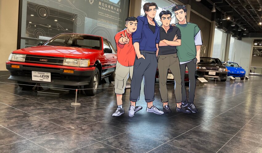 4boys, absurdres, black_eyes, black_footwear, black_hair, black_pants, black_shirt, blue_car, blue_shirt, brown_pants, car, character_request, collarbone, collared_shirt, convertible, eunos_roadster, green_shirt, grey_footwear, grey_shorts, highres, hisano_(hisano_ff14), initial_d, looking_at_viewer, male_focus, mazda, mazda_mx-5, mazda_mx-5_na, mercedes-benz, mercedes-benz_190e, motor_vehicle, multiple_boys, nakazato_takeshi, nissan, nissan_skyline, nissan_skyline_gt-r, nissan_skyline_r32, pants, red_car, red_shirt, shirt, shoes, shorts, smile, sneakers, sports_car, suetsugu_toru, takeuchi_itsuki, toyota, toyota_sprinter_trueno, v