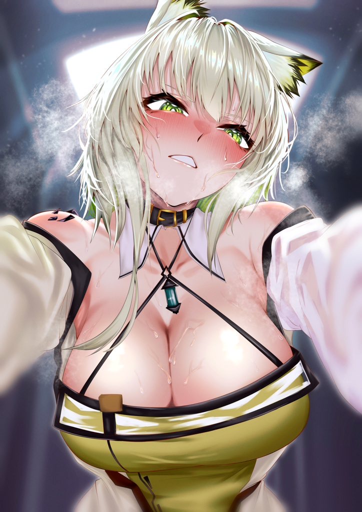 1girl, animal_ear_fluff, animal_ears, arknights, belt_collar, breasts, cat_ears, cat_girl, cleavage, collar, detached_collar, dress, girl_on_top, green_dress, green_eyes, in_heat, indoor_gorilla, kal'tsit_(arknights), large_breasts, looking_at_viewer, material_growth, off-shoulder_dress, off-shoulder_jacket, off_shoulder, oripathy_lesion_(arknights), outstretched_arms, pov, steaming_body, sweat