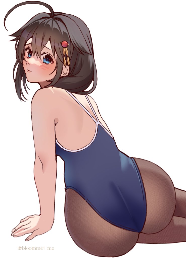 1girl, ahoge, ass, back, blue_eyes, blue_one-piece_swimsuit, blush, braid