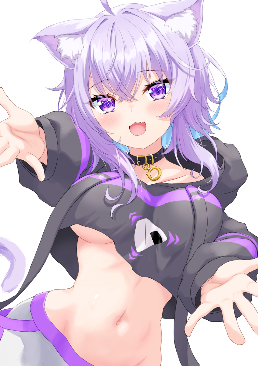 1girl, :3, absurdres, animal_ears, black_collar, black_hoodie, blush, breasts