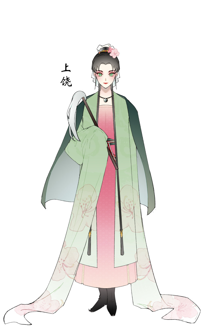 1girl, absurdres, black_boots, black_hair, boots, chinese_clothes, chinese_text, closed_mouth