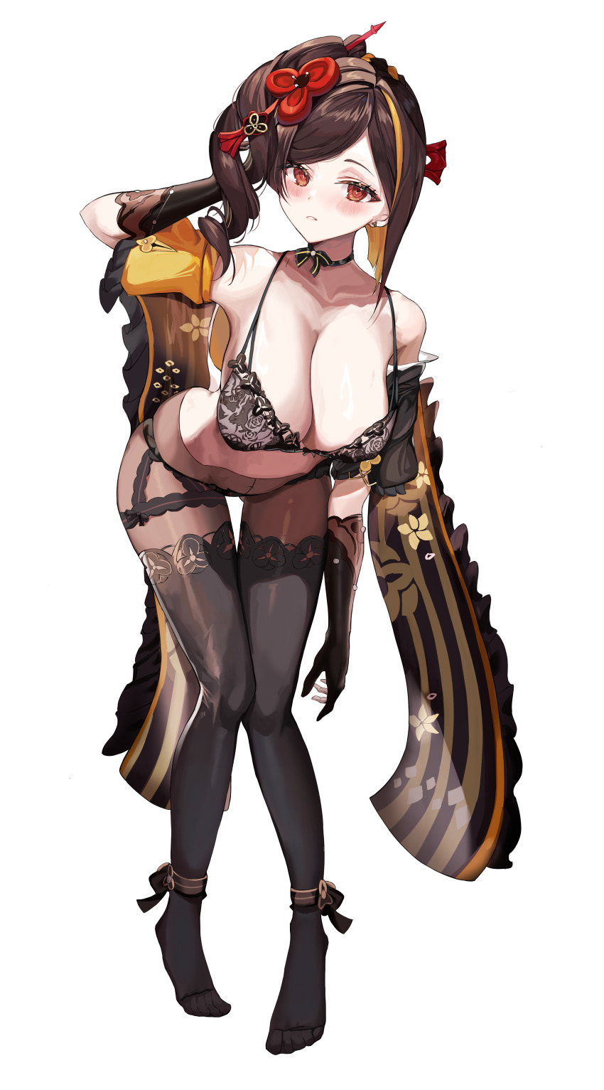 1girl, absurdres, asymmetrical_hair, bent_over, black_pantyhose, black_thighhighs, blonde_hair, blush