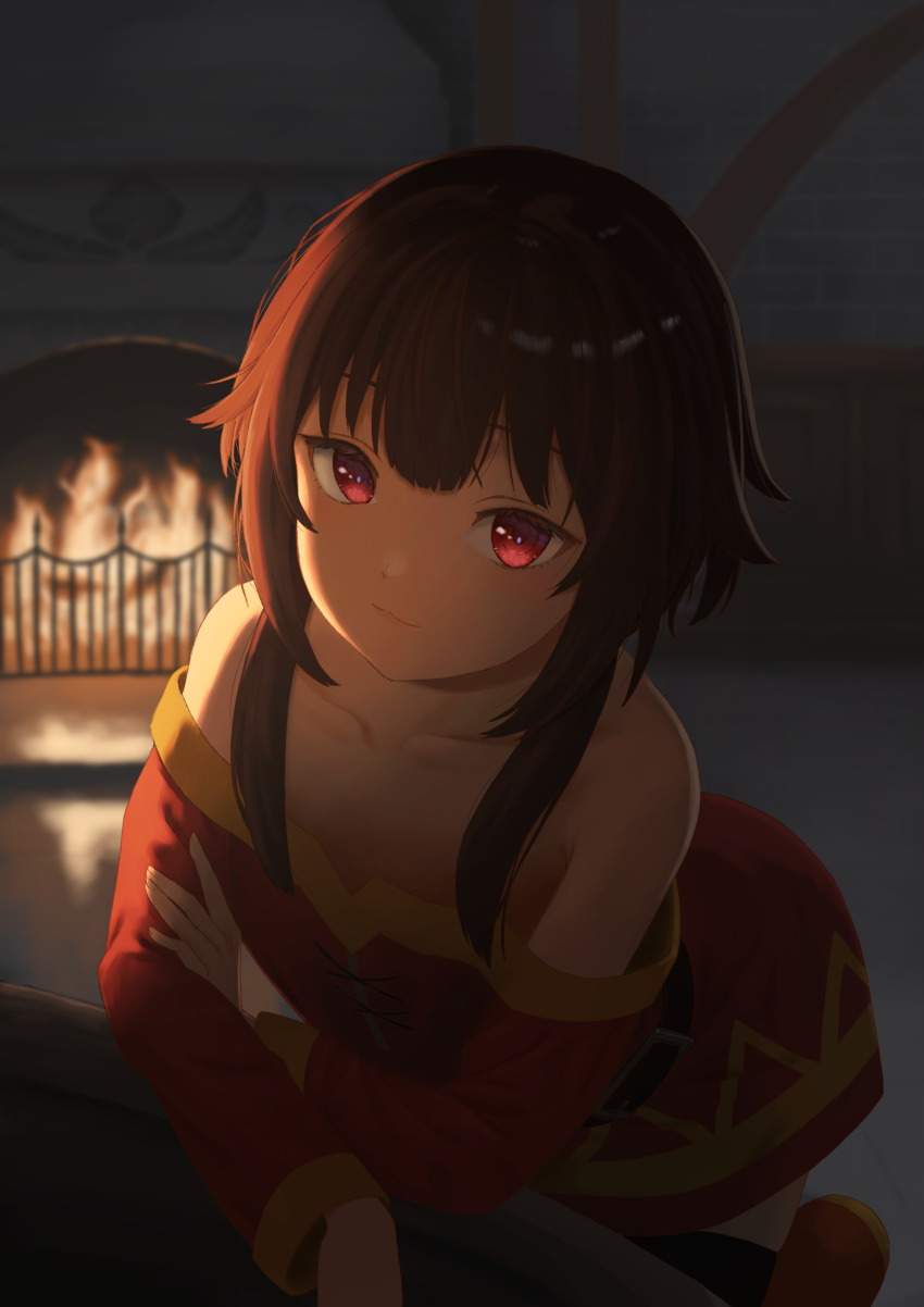 1girl, absurdres, arm_support, bare_shoulders, black_hair, closed_mouth, collarbone, dress, fire, fireplace, highres, indoors, kono_subarashii_sekai_ni_shukufuku_wo!, megumin, red_dress, red_eyes, satoshiy83, short_hair_with_long_locks, solo